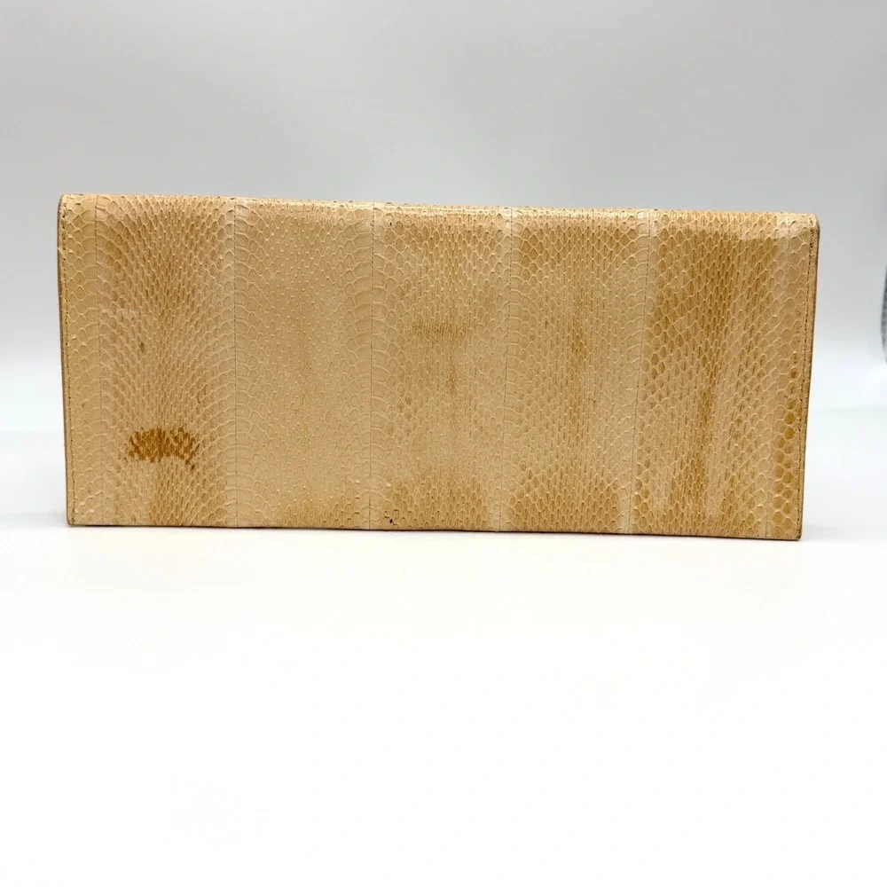Max Mara Beige Leather Python Print Clutch Bag Chain Strap Luxury Envelope Purse